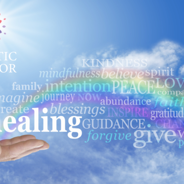 Healing hand and rainbow, empowering words for active & passive healing