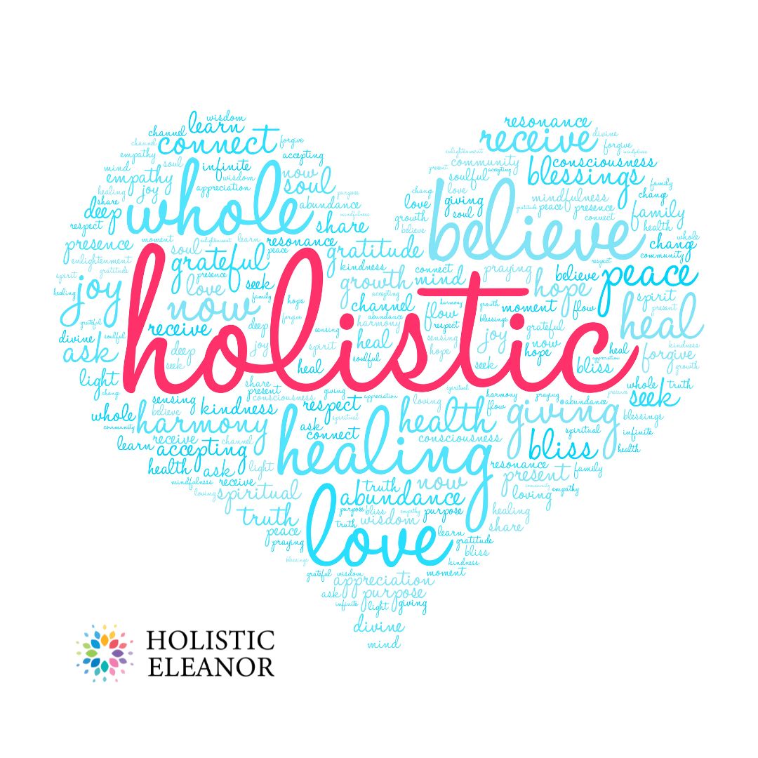 Image of a heart, comprising words including holistic, whole, believe, love, healing, harmony, bliss, giving, peace, joy, light, gratitude, divine, channel, resonance, and more! Meme by Holistic Eleanor